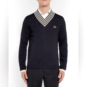 💯Authentic GUCCI Men’s Bee Navy Blue V Neck Sweater perfect gift ! Size Large